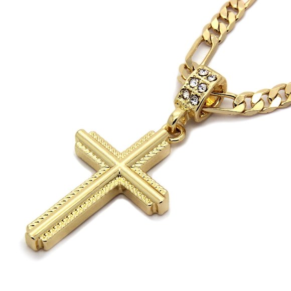 14k Gold Cross 24" Figaro Chain + Pendant - Picture 1 of 4